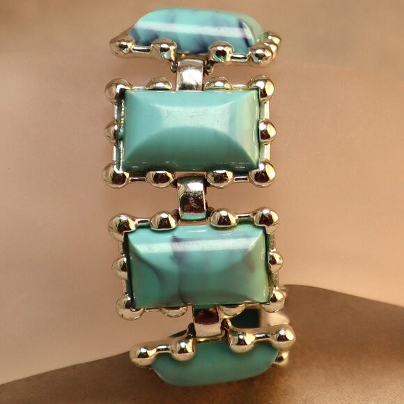 Vintage Coro Turquoise Panel Bracelet Wide Plastic Links - Picture 2 of 5